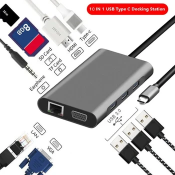USB C Докинг станция Type C Hub Адаптер 10 в 1 Конвертор 4K, HDMI-съвместими VGA USB 3.0, RJ-45 Gigabit Ethernet За Macbook Pro 5