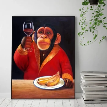 Господин Маймуна с Чаша Вино Платно Картина на Стенно Изкуство, Банани Плакати и Щампи Горила в Облеклото Снимки за Хол