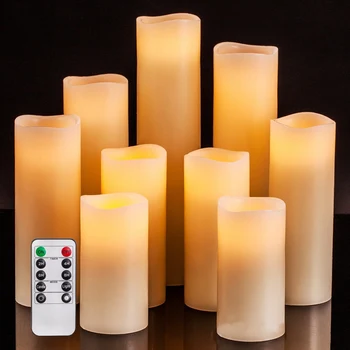 ГОРЕЩА ПРОДАЖБА Беспламенных Свещи Комплект от 9 истински восъчни стълбове цвят на слонова кост, без капки включва реалистично фитильное led пламък и 1 дистанционно управление