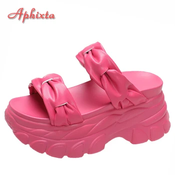 Aphixta/2022, Летни дамски Джапанки на платформа, Увеличаване на растежа, Плажни Джапанки в дебела подметка, Стръмни Чехли на танкетке, Плиссированная обувки с цветен модел, Сандали