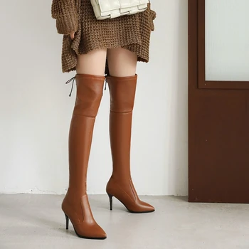 2022 г., нови пролетни пикантен дамски ботуши до коляното на висок ток 8,5 см.-12 см, кожени ботуши с цип с остри пръсти, 19 цвята, обувки на висок ток, размер 34-46