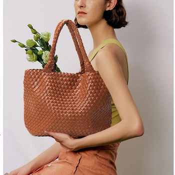 Дамски чанти-тоут От Изкуствена кожа Ръчно изработени, Битови Тъкани Торби На рамото си Голям Капацитет, Преносими Композитни чанти 216BZ2025 1