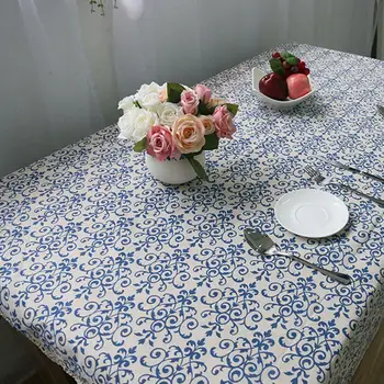 Ретро Синьо-Бялата Порцеланова Покривка с Дантелен Памучен Ленена Покривка за Маса за домашен Декор