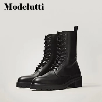 Modelutti/Новост 2022 г., есенно-зимни дамски Модни Полусапожки от естествена кожа в английски стил с шнур, просто Ежедневни Обувки, дамски Шик