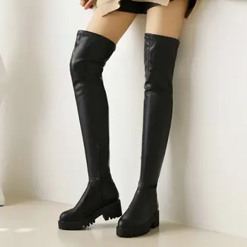 Модерен дамски ботуши над коляното на дебела подметка, еластични ботуши до бедрото, от изкуствена кожа на платформа и квадратен ток, есенно-зимни ботуши с цип