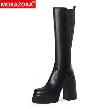 MORAZORA/2023 г., Нови Модни Зимни обувки от естествена кожа, дамски дамски Обувки на дебел Висок ток и платформа, ботуши до Коляното с цип