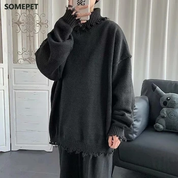 Корейската версия пуловери с високо воротом ins тъмен мъжки модерен див основен основен свободен пуловер дрипави черен топ зима 2