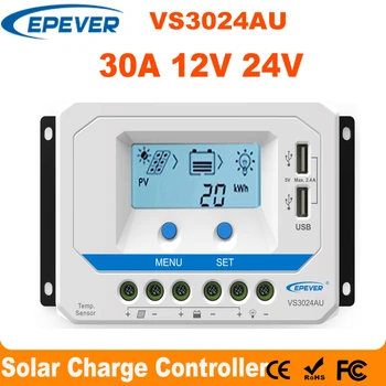 EPever 30A Контролер Слънчев Зарядно Устройство 12 В 24 В Автоматична Подсветка LCD Дисплей, Високоефективен Слънчев PWM Регулатор с два USB Изхода VS3024AU
