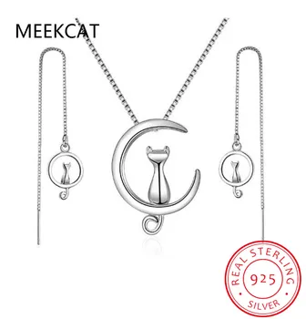 MEEKCAT Дубай Вечерни Комплект Бижута Проба 925 Silver Moon Обици във формата На Котка Колие с Дълга Верига Огърлица с Висулка, за Жени, за Сватба