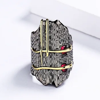 Геометрично винтажное пръстен от черно злато с переплетением червен цирконий, сребро 925 проба, вкусно винтажное пръстен, дамски вечерни коктейлни украси