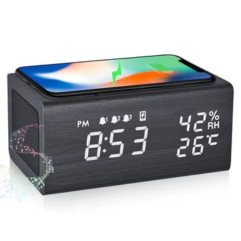 Digital alarm clock Bluetooth Високоговорител с Функция за безжично зареждане на Температура и влажност на въздуха