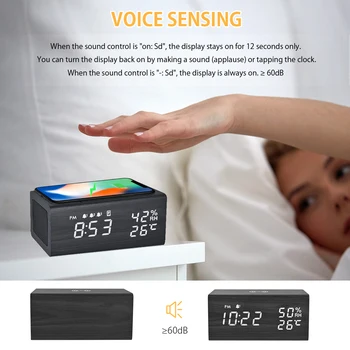 Digital alarm clock Bluetooth Високоговорител с Функция за безжично зареждане на Температура и влажност на въздуха 3