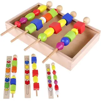 Монтесори за Деца Детски Образователни Играчки Дървени Цветни Форма на Пръчка Играчки за Бродиране с Мъниста Комплект Блокове Играчки