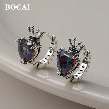 BOCAI Днешно S925 Сребърни Бижута с Уникален Дизайн с Ретро Короната на Мода Цветни Циркон Любов Ухо на Ключалката, за Да се Жени Обеци