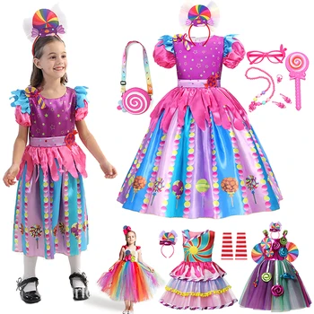 2023 Пурим за момичета Дъгата костюм с Бонбони Детски Cosplay Рокли Принцеса с Принтом Леденца на клечка с Превръзка на главата и Дрехи за рожден Ден на от 2 до 10 години