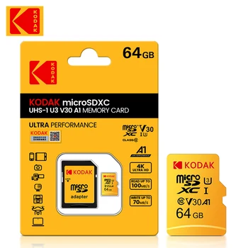 100% Оригинална карта на Kodak U3 micro sd 64 GB SDXC/SDHC клас 10 Флаш Карта Памет micro sd 64 GB карта с SD адаптер Безплатна Доставка