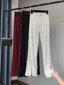 Нови дамски модни блестящи бели панталони с висока талия, разкроена панталони с пайети