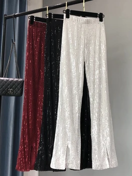 Нови дамски модни блестящи бели панталони с висока талия, разкроена панталони с пайети 3