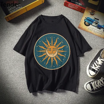 Нова Забавна Тениска с изображение на Слънцето и Луната, Дамски Ежедневни Лятна Тениска Оверсайз с Принтом, Женска Тениска Homme, 2021, Корея