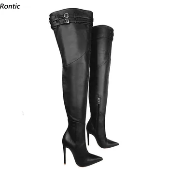 Rontic/ италиански Модни дамски пролетни ботуши До бедрото, с високи токчета-висок ток с остър пръсти, красиви черни, Розови, Червени вечерни обувки, размер САЩ 5-15
