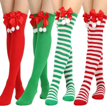 Дамски Коледни Чорапи с Лък и Топки, Шарени Чорапи Над Коляното За Момичета, Високи Чорапи До бедрото, Дълги Топли Памучни Чорапи H5J1