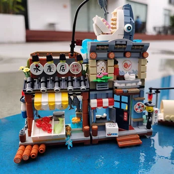 Архитектура Град Акула Ресторант за морски Дарове на Рибен Кораб Котка Вино Бар Izakaya 3D Кухненски Блокове, Тухли Строителна Играчка за Детско Подарък 5