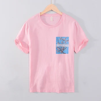 Розови Тениски С Къс Ръкав И Принтом, Мъжки Летни Нови Ленени Ежедневни Блузи, Мъжки Модни Тениски С Кръгло деколте и Шарките на прасковен цвят на Цвят