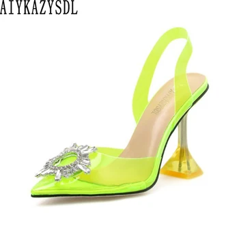 AIYKAZYSDL/Дамски Сандали с остри пръсти, Неонови Жълто-зелени обувки-лодка с отворен Гръб, Прозрачни обувки На Висок Ток С Кристали, 41