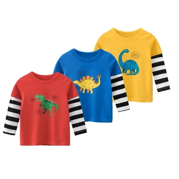 2023 Есента на детски дрехи, Нова корейска тениска за момчета с дълъг ръкав, фалшиви два предмета с динозавром, детски дрехи, детско дъното