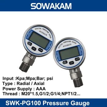 SWK-PG100 Цифров Хидравличен Манометър 316L LCD от Неръждаема Стомана 100 Mpa 1000 бар Газ Манометър за течни горива М 20 * 1.5 G1 / 4