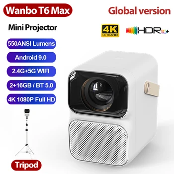 Проектор Wanbo T6 MAX 4K 1080P Android 9,0 Мини проектор 550 ANSI лумена 2 + 16G 5G WiFi BT5.0 Проектор AI Глас за домашно кино
