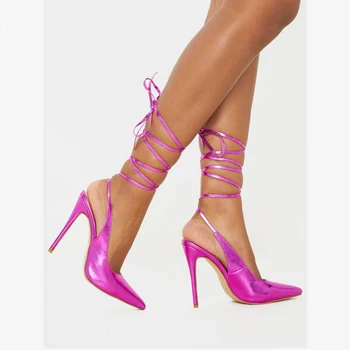 Горещите летни дамски сандали с остри пръсти и каишка на щиколотке, обувки-лодка на тънък висок ток 11 см, женски модел обувки за танци, големи Размери 34-43, Чубрица