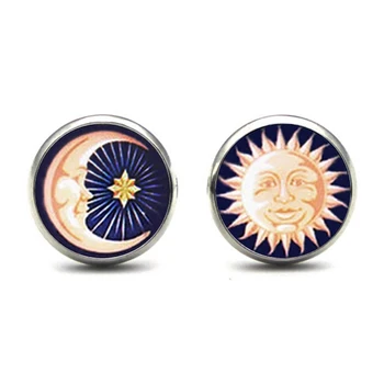 модерни Обеци-карамфил-изображение на Слънцето и Луната, ярки Обеци във формата на Полумесец, Обеци във формата на Луната и Слънцето, Стъклени Обеци-Кабошоны, Арт, Ръчно изработени