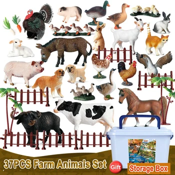 37 БР. Колекция от Модели на Селскостопански Животни С Кутия За Съхранение, PVC, Крава, Пиле, Патица, Гъска, Заек, Овца, Кон, Статуетка, Забавни Детски Играчки