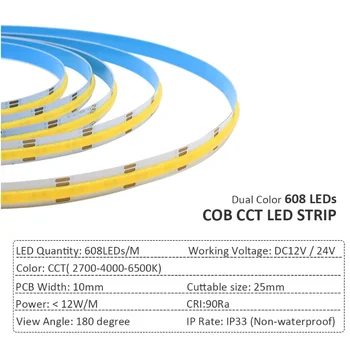 COB CCT Led Лента в два цвята Топла + Студена Бяла Гъвкави Линейни Led Лента с Висока Плътност на Светлинна Лента DC 12V 24V Декор на Околната среда