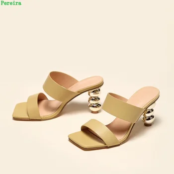 Модни дамски чехли на ток тиква, ново записване, лятото на 2022, обикновена кожени обувки с квадратни отворени пръсти, пикантни женски обувки в римски стил