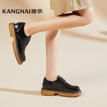 Kangnai/Oxfords; дамски обувки от волска кожа върху плоска платформа с шнур и кръг пръсти; женски лоферы в ретро стил, за да не сужающемся надолу масивна ток