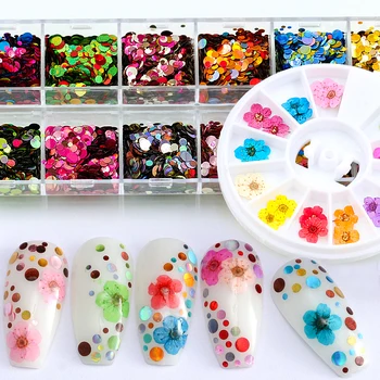 1 Комплект Цветни 3D ултра тънки кръгли пайети за нокти с пайети или 1 колело със сухи цветя, декорации за нокти, Комплект Аксесоари 