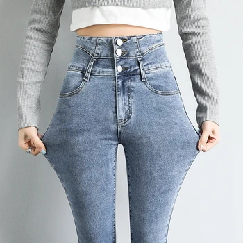Тенденцията за дамски дънки с висока талия 2021, нови тесни панталони-молив с висок профил, стрейчевые тесни панталони, Дрехи
