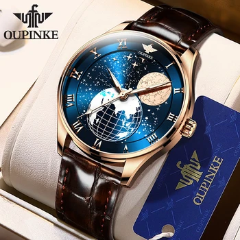 Швейцарски маркови часовници OUPINKE със Звездна циферблат - Фазите на Луната -от Мъжки механични Водоустойчив Светещи бизнес часовници с кожена каишка