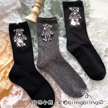 Пролетни памучни чорапи pearl bear ярки диамантени ярки копринени персонални творчески модни дамски чорапи