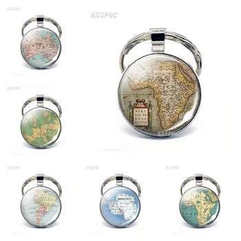 Реколта Карта На Света Стъклен Ключодържател С Кабошоном Южна Америка, Австралия, Африка, Антарктида Европа Висулка Ключодържател Пръстени Модерен Подарък