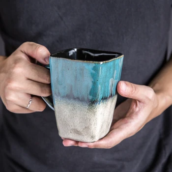Творчески поток глазура от Чаши за Кафе С Лъжица Континентална Чай Чаена Чаша Лесен Домакински Матиран цвят Керамични Чаши за Кафе Подарък