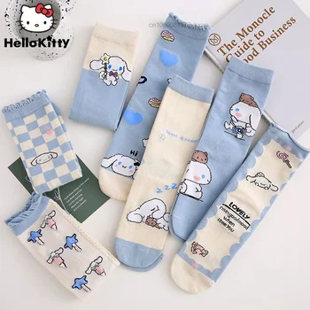 5 Чифта Чорапи Sanrio Cinnamoroll Kawaii, Y2k, Средната Тръба, Модни Сладки Сини Чорапи с Герои от Анимационни филми, на Есенно-зимните Памучни Чорапи Дишащи, Дамски