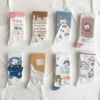 4 чифта/лот, Японски чорапи със собствени анимационни герои харадзюку за момичета, чорапи с изображение на крава, заек, мечка, кавайные чорапи, сладки девчачьи улични модни чорапи