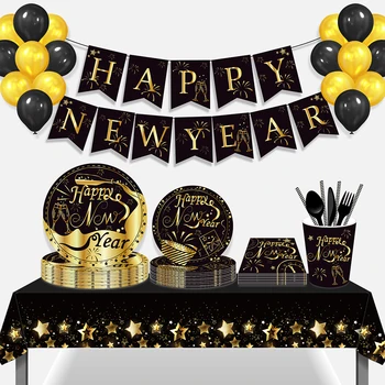 2023 Златен Черен Честита Нова Година Празнична Парти С Шампанско Пламък За Еднократна Употреба Комплекти Покривки Банер Фонове И Аксесоари
