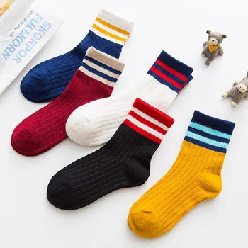 5 двойки/лот, зимни памучни изолирана детски чорапи, чорапи-тръба за малки момчета и момичета, обикновена чорапи на райета в пода