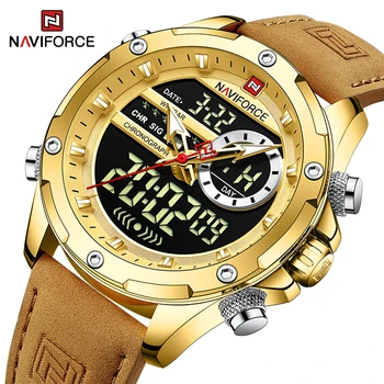 Мъжки часовник NAVIFORCE От Луксозна марка Man Gold От Естествена Кожа Водоустойчив Часовник Мъжки Кварцов Цифрови Военни Хронограф 0