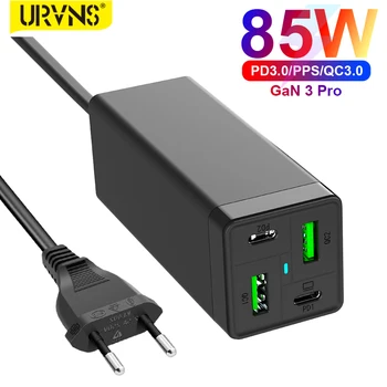 URVNS 4-Портов 85 W GaN USB C Бързо Зарядно устройство, PD 65 W PPS 45 W 20 W QC3.0 захранващ Адаптер За MacBook iPhone Xiaomi Samsung