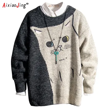 Продажба на едро 2022 бродирана младежки случайни пуловер с котка за двойки, мъжки и женски есента мързелив топло сгъсти основен плюс мек вълнен плат пуловер